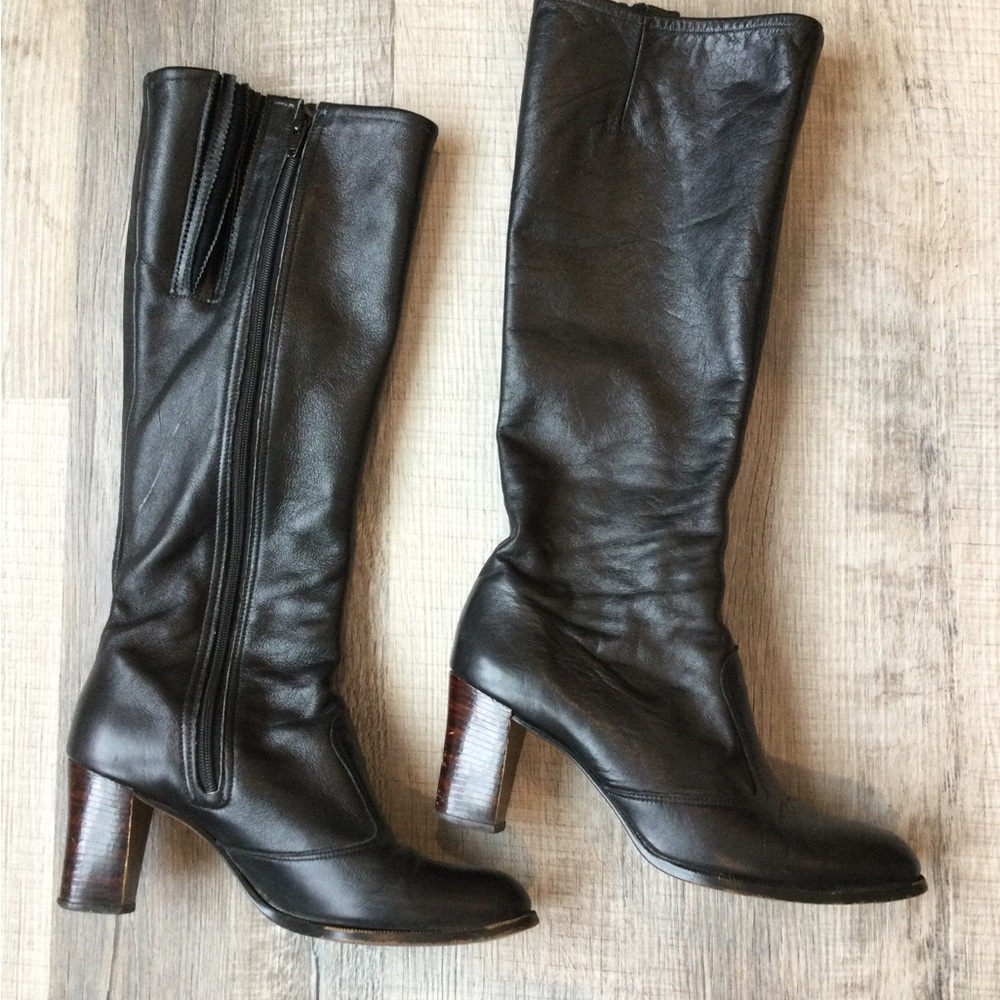 Vintage black leather tall boots - Picture 2 of 16